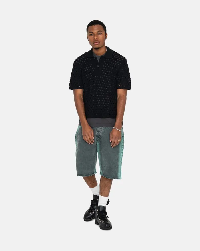 Tops and Shirts Men Stussy BIG MESH POLO SWEATER Black Tops and Shirts Men Stussy BIG MESH POLO SWEATER Black
