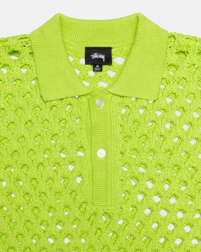 Tops and Shirts Men Stussy BIG MESH POLO SWEATER Lime Tops and Shirts Men Stussy BIG MESH POLO SWEATER Lime
