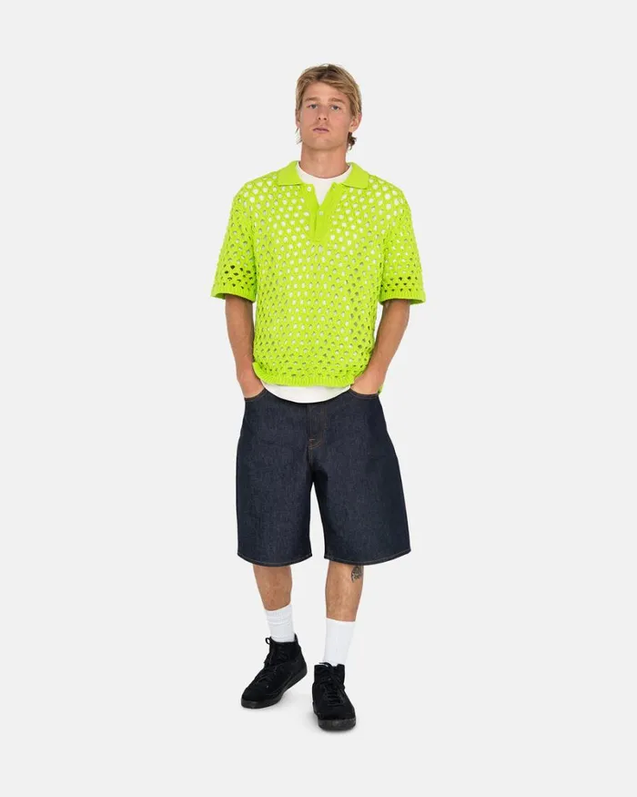 Tops and Shirts Men Stussy BIG MESH POLO SWEATER Lime Tops and Shirts Men Stussy BIG MESH POLO SWEATER Lime