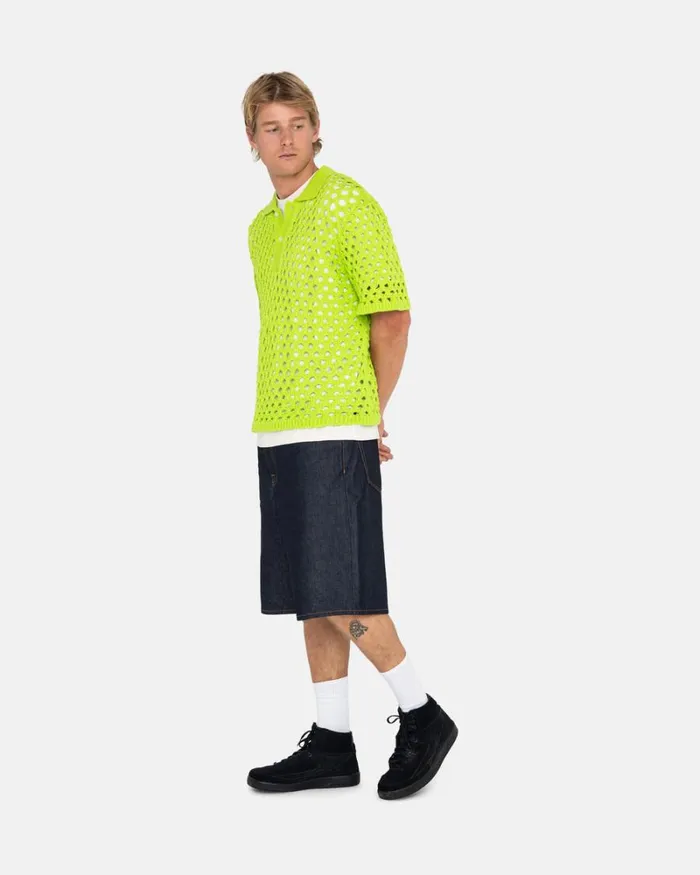 Tops and Shirts Men Stussy BIG MESH POLO SWEATER Lime Tops and Shirts Men Stussy BIG MESH POLO SWEATER Lime