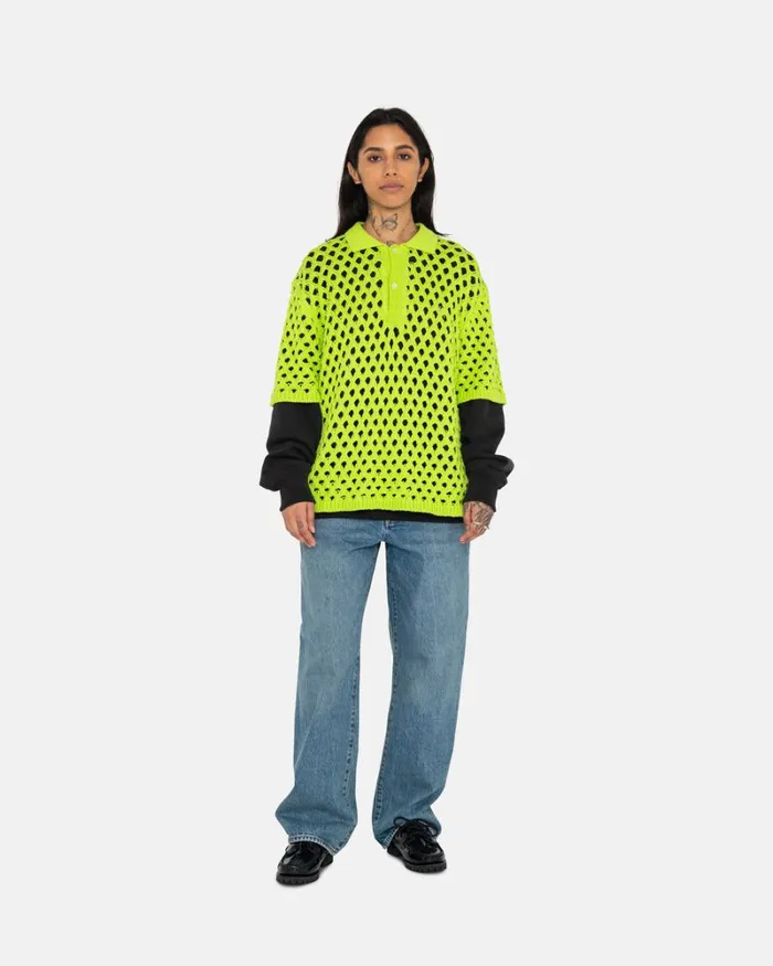 Tops and Shirts Men Stussy BIG MESH POLO SWEATER Lime Tops and Shirts Men Stussy BIG MESH POLO SWEATER Lime