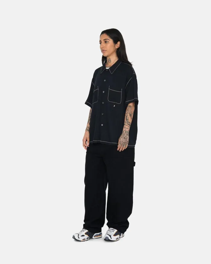 Tops and Shirts Men Stussy CONTRAST PICK STITCHED SHIRT Black Tops and Shirts Men Stussy CONTRAST PICK STITCHED SHIRT Black