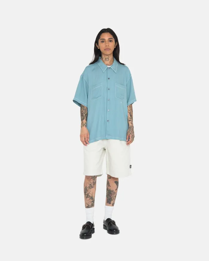 Tops and Shirts Men Stussy CONTRAST PICK STITCHED SHIRT Blue Tops and Shirts Men Stussy CONTRAST PICK STITCHED SHIRT Blue