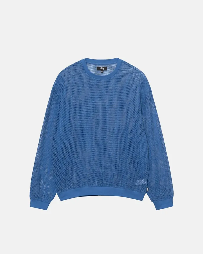 Tops and Shirts Men Stussy COTTON MESH LS CREW Ocean Blue