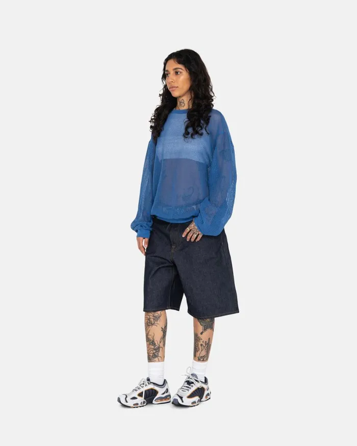 Tops and Shirts Men Stussy COTTON MESH LS CREW Ocean Blue Tops and Shirts Men Stussy COTTON MESH LS CREW Ocean Blue