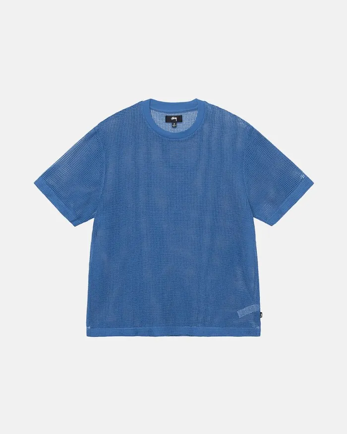 Tops and Shirts Men Stussy COTTON MESH SS CREW Ocean Blue