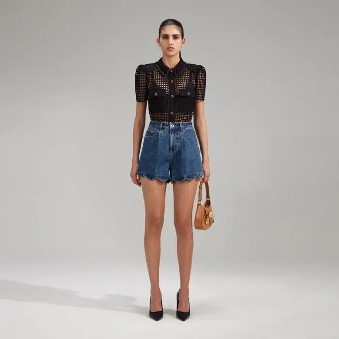 Tops Woman SelfPortrait Black Grid Lace Shirt