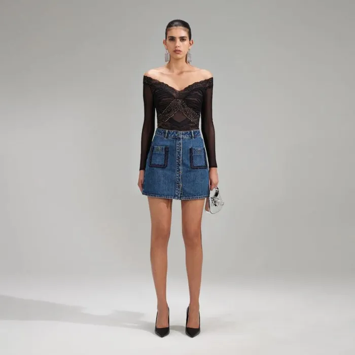 Tops Woman SelfPortrait Black Grid Lace Shirt Tops Woman SelfPortrait Black Grid Lace Shirt
