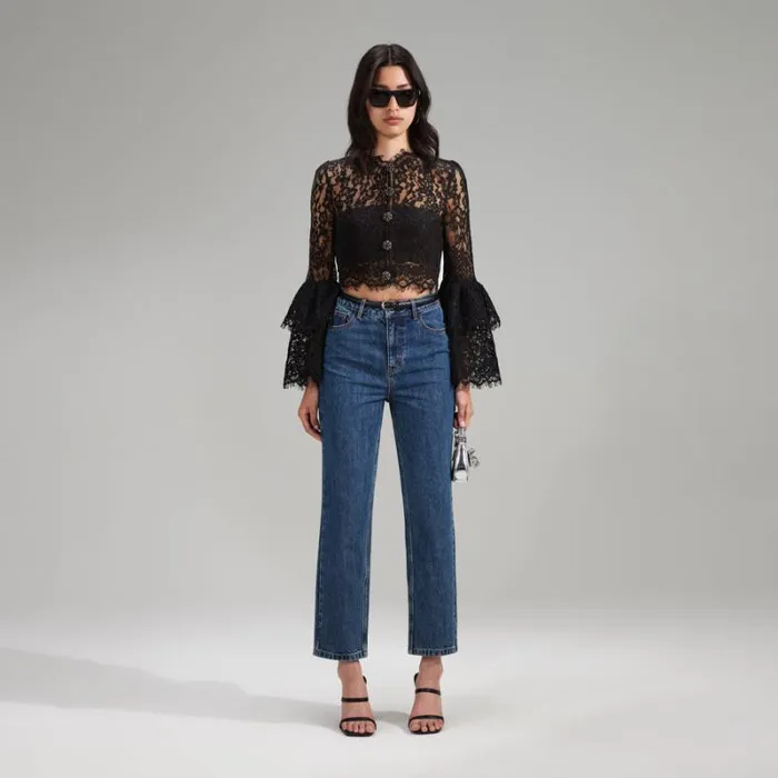 Tops Woman SelfPortrait Black Grid Lace Shirt Tops Woman SelfPortrait Black Grid Lace Shirt