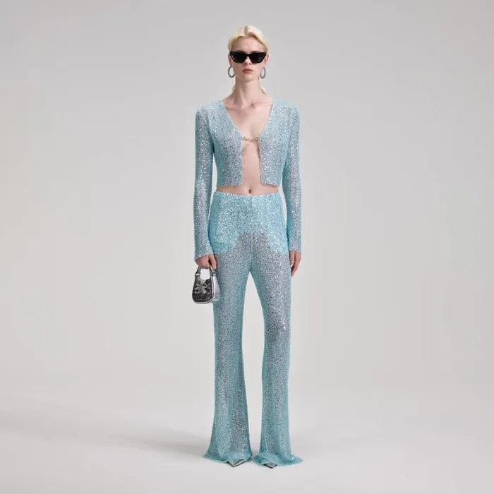 Tops Woman SelfPortrait Blue Beaded Tie Cardigan
