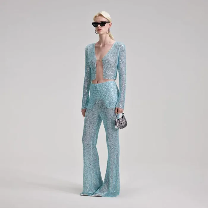 Tops Woman SelfPortrait Blue Beaded Tie Cardigan Tops Woman SelfPortrait Blue Beaded Tie Cardigan