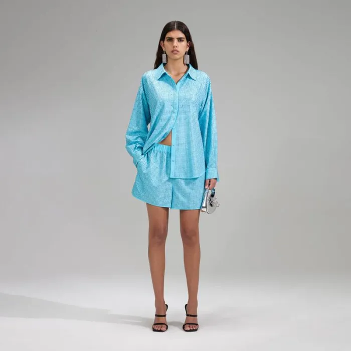 Tops Woman SelfPortrait Blue Rhinestone Taffeta Oversized Shirt