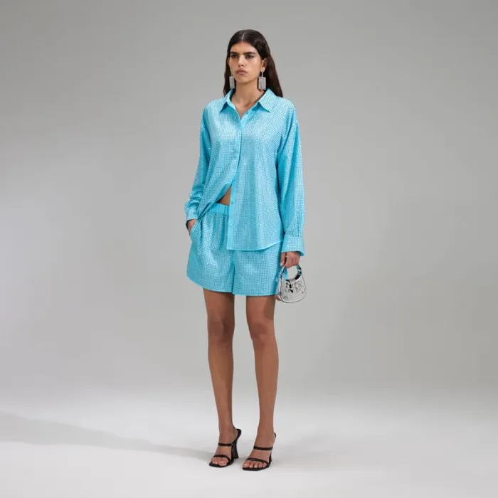 Tops Woman SelfPortrait Blue Rhinestone Taffeta Oversized Shirt Tops Woman SelfPortrait Blue Rhinestone Taffeta Oversized Shirt