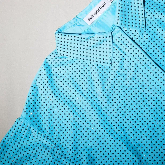 Tops Woman SelfPortrait Blue Rhinestone Taffeta Oversized Shirt Tops Woman SelfPortrait Blue Rhinestone Taffeta Oversized Shirt