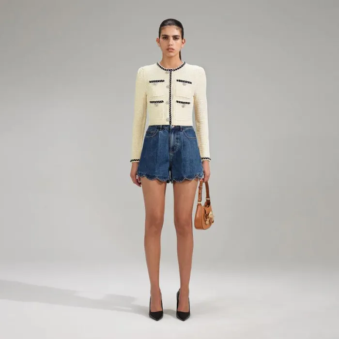 Tops Woman SelfPortrait Cream Sequin Knitted Crop Cardigan