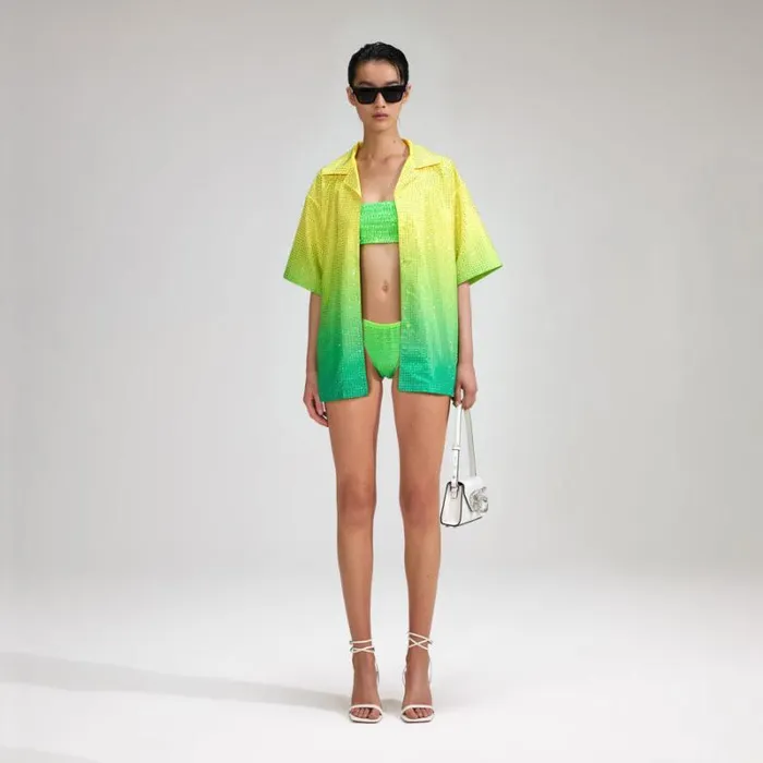 Tops Woman SelfPortrait Green Rhinestone Taffeta Shirt