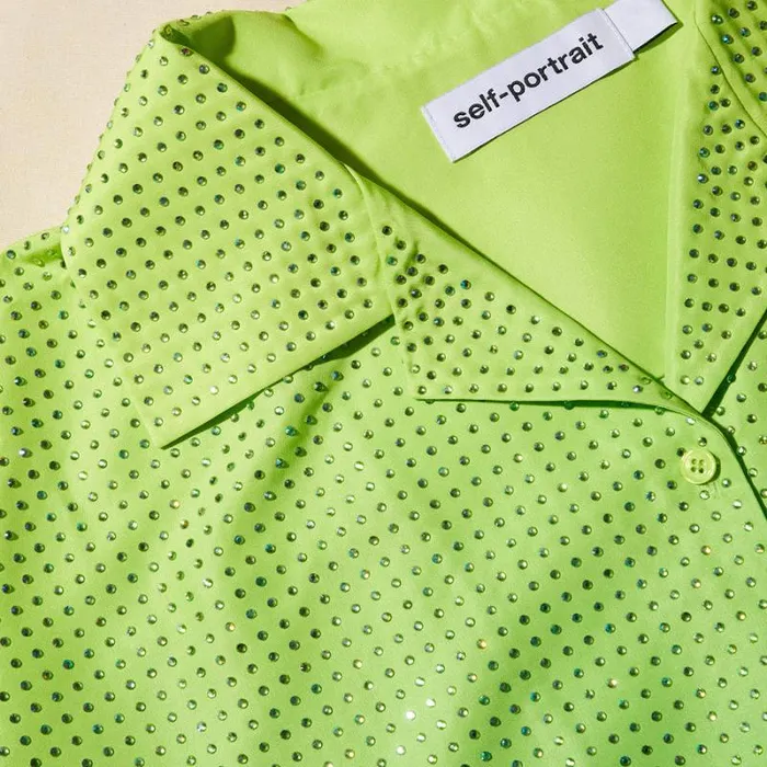 Tops Woman SelfPortrait Green Rhinestone Taffeta Shirt Tops Woman SelfPortrait Green Rhinestone Taffeta Shirt