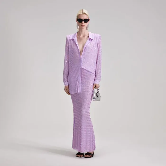 Tops Woman SelfPortrait Lilac Rhinestone Mesh Shirt
