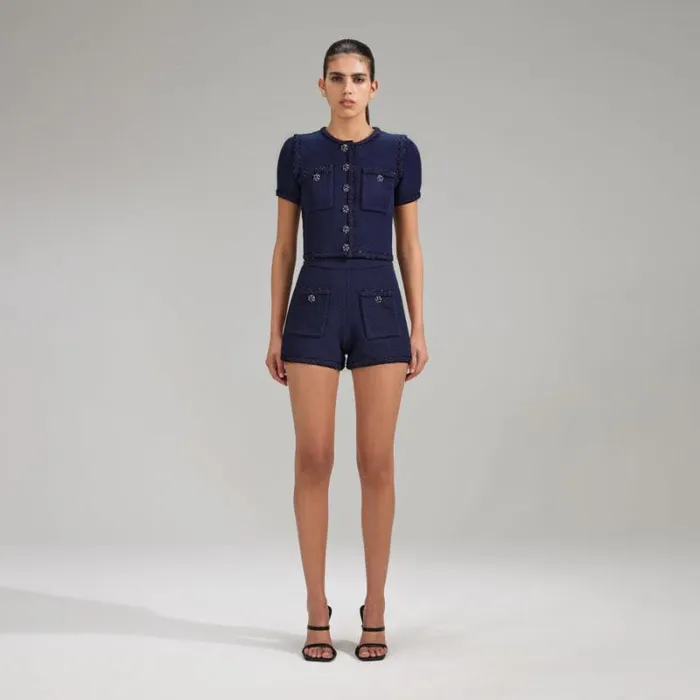 Tops Woman SelfPortrait Navy Knit Crop Cardigan Tops Woman SelfPortrait Navy Knit Crop Cardigan