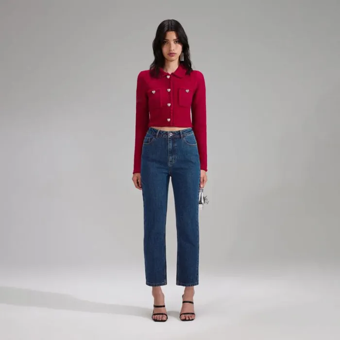 Tops Woman SelfPortrait Red Melange Knit Crop Cardigan