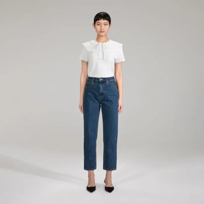 Tops Woman SelfPortrait White Broderie Collar Jersey T Shirt