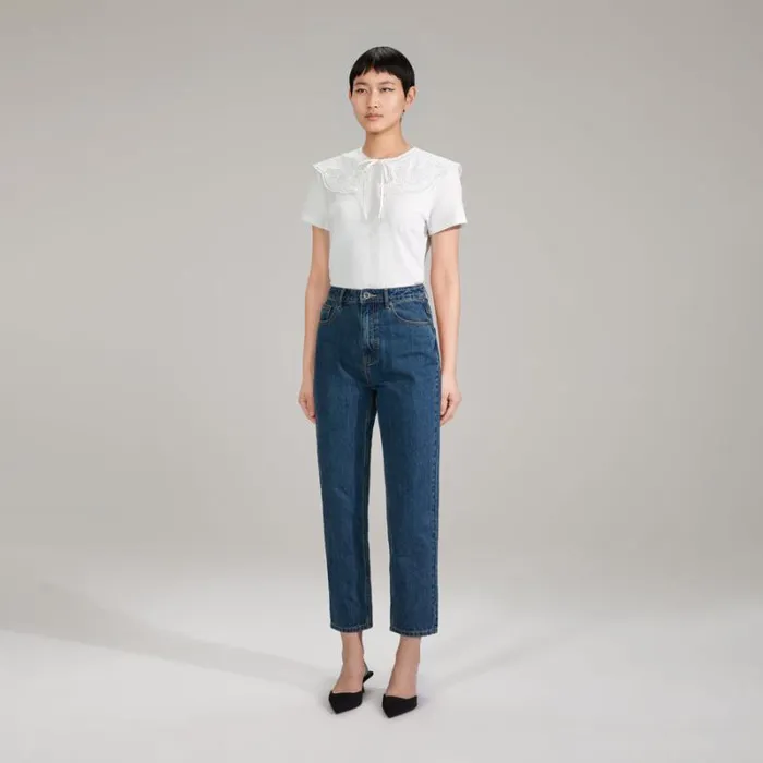 Tops Woman SelfPortrait White Broderie Collar Jersey T Shirt Tops Woman SelfPortrait White Broderie Collar Jersey T Shirt