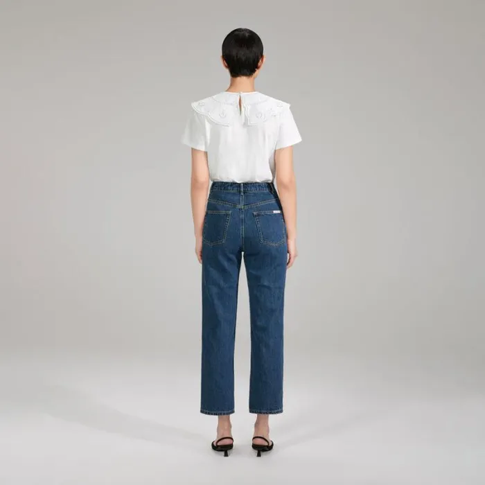 Tops Woman SelfPortrait White Broderie Collar Jersey T Shirt Tops Woman SelfPortrait White Broderie Collar Jersey T Shirt