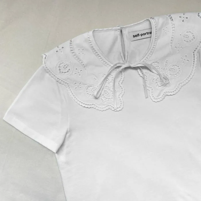 Tops Woman SelfPortrait White Broderie Collar Jersey T Shirt Tops Woman SelfPortrait White Broderie Collar Jersey T Shirt