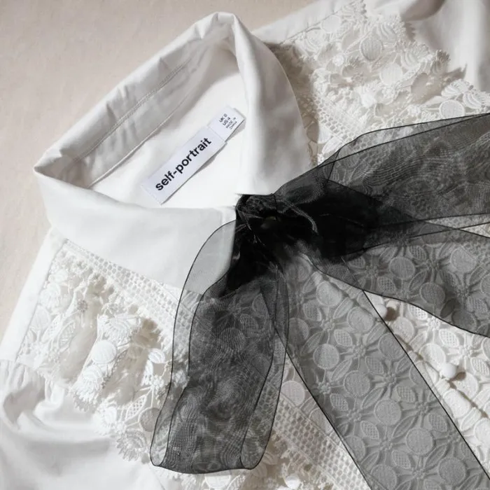 Tops Woman SelfPortrait White Lace Bib Cotton Shirt Tops Woman SelfPortrait White Lace Bib Cotton Shirt