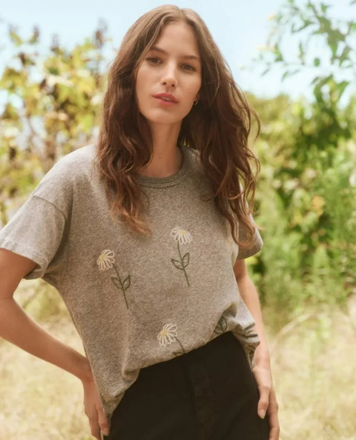 Tops Women039s The Great The Boxy Crew Heather Grey With Sunflower Embroidery Tops Women039s The Great The Boxy Crew Heather Grey With Sunflower Embroidery