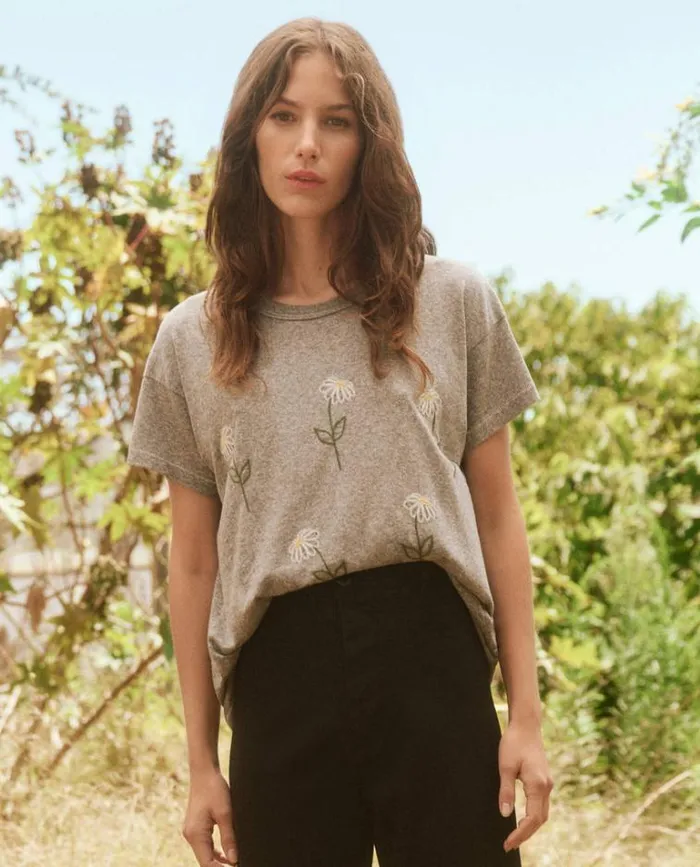 Tops Women039s The Great The Boxy Crew Heather Grey With Sunflower Embroidery