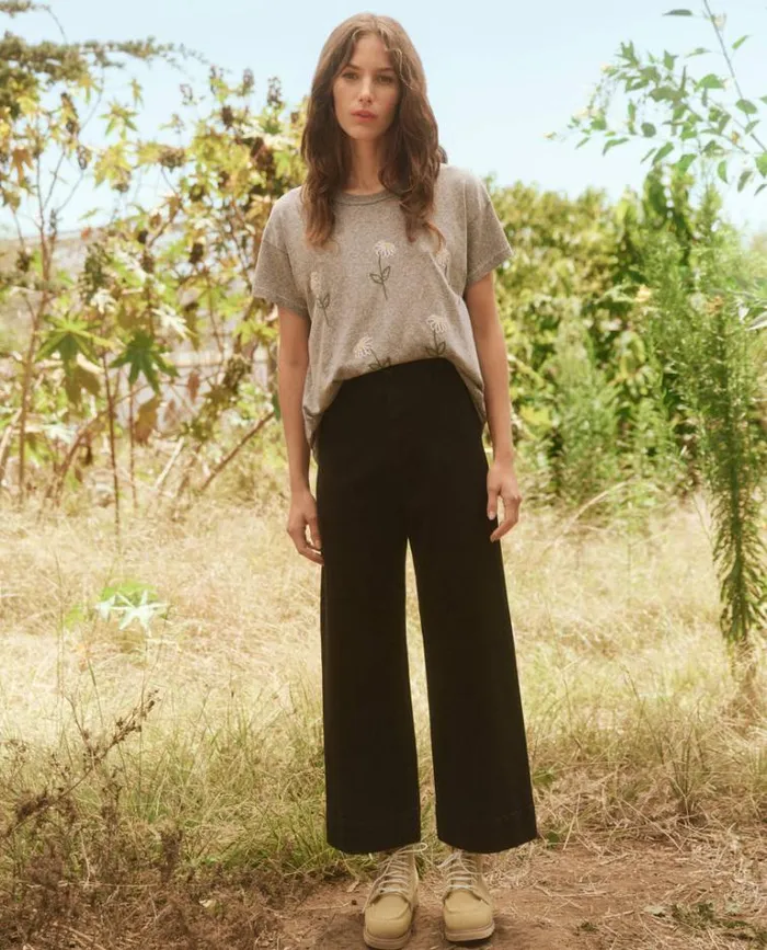 Tops Women039s The Great The Boxy Crew Heather Grey With Sunflower Embroidery