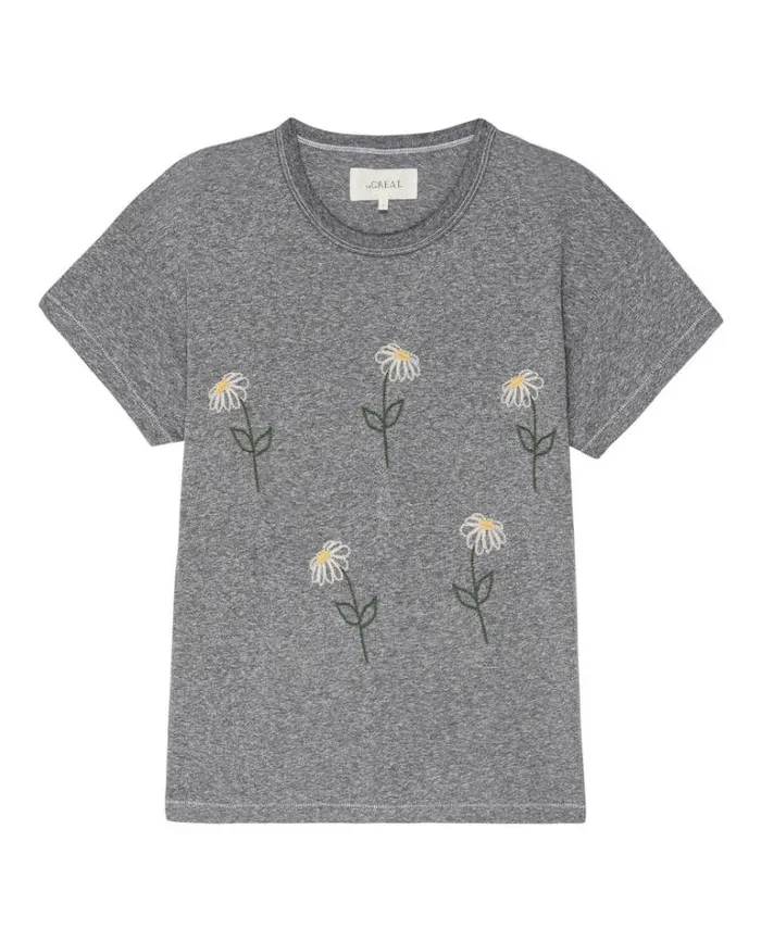 Tops Women039s The Great The Boxy Crew Heather Grey With Sunflower Embroidery