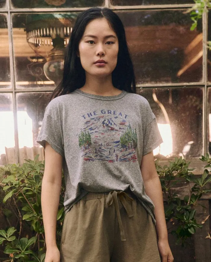 Tops Women039s The Great The Boxy Crew Heather Grey With Woodsy Trail Graphic