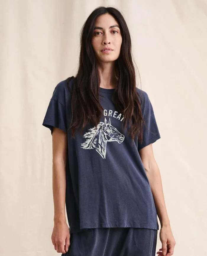 Tops Women039s The Great The Boxy Crew Washed Navy With Cream Bronco Graphic