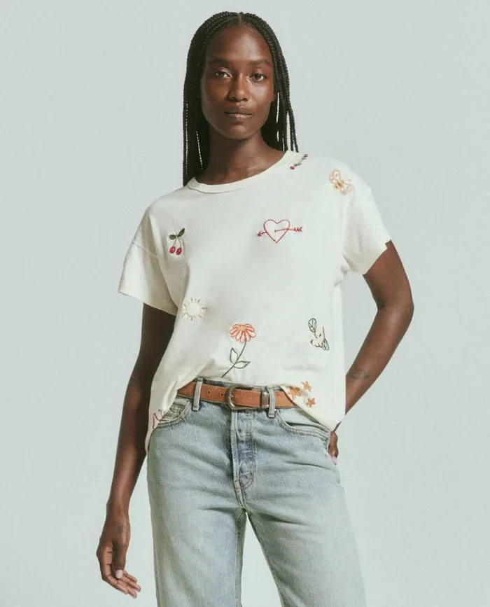 Tops Women039s The Great The Boxy Crew Washed White With Embroidery