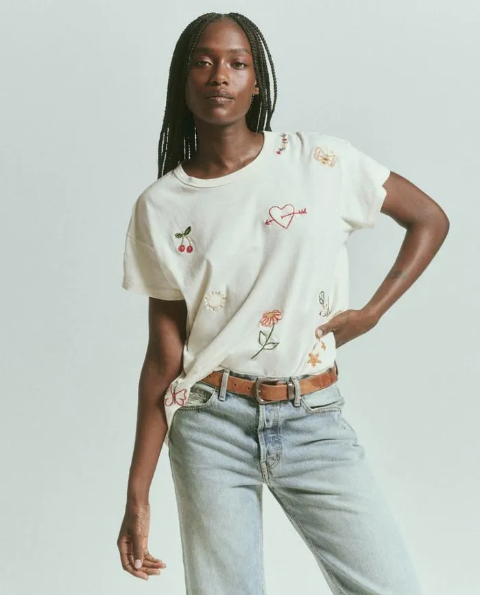 Tops Women039s The Great The Boxy Crew Washed White With Embroidery