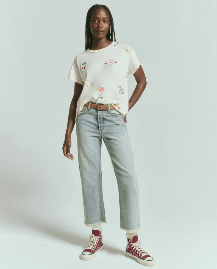 Tops Women039s The Great The Boxy Crew Washed White With Embroidery