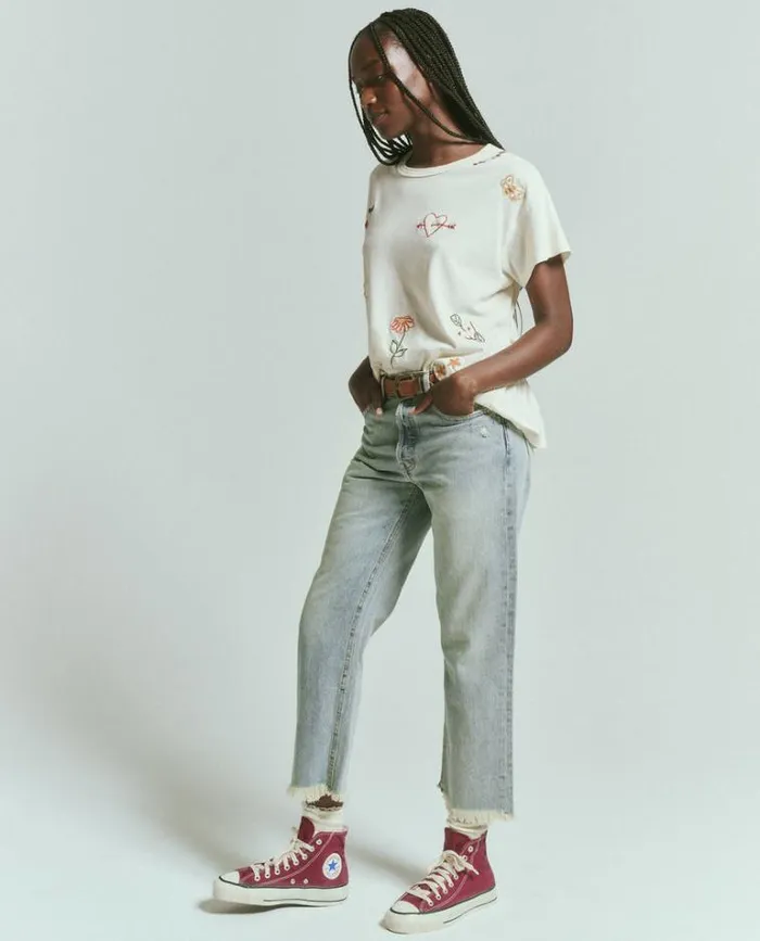 Tops Women039s The Great The Boxy Crew Washed White With Embroidery