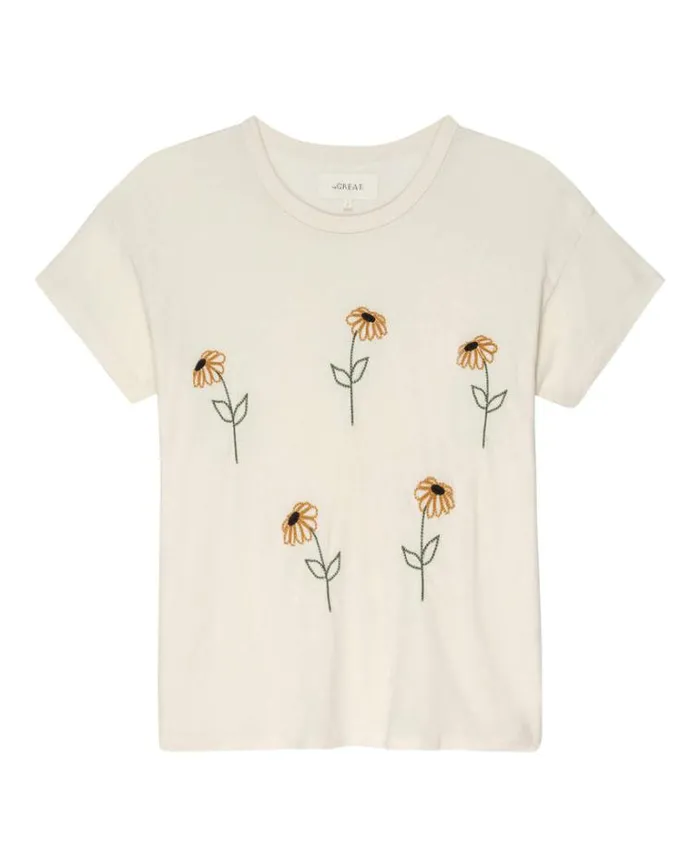 Tops Women039s The Great The Boxy Crew Washed White With Sunflower Embroidery