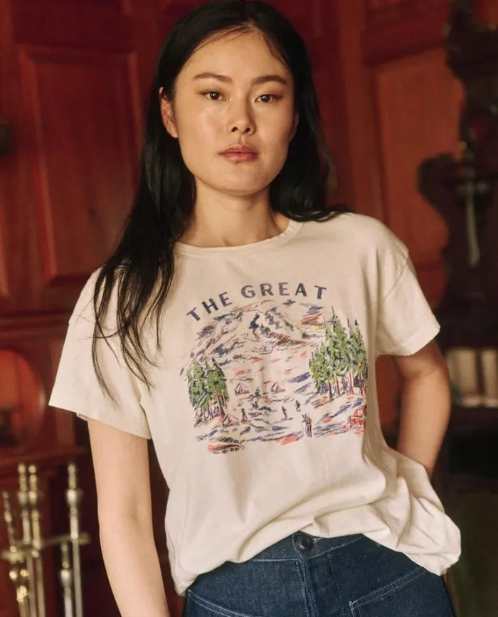 Tops Women039s The Great The Boxy Crew Washed White With Woodsy Trail Graphic Tops Women039s The Great The Boxy Crew Washed White With Woodsy Trail Graphic