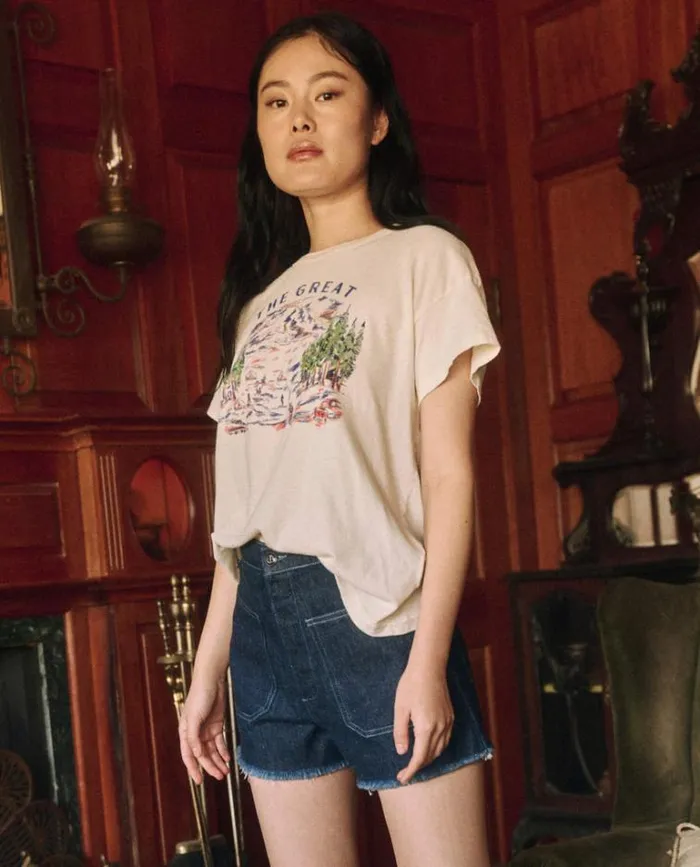 Tops Women039s The Great The Boxy Crew Washed White With Woodsy Trail Graphic