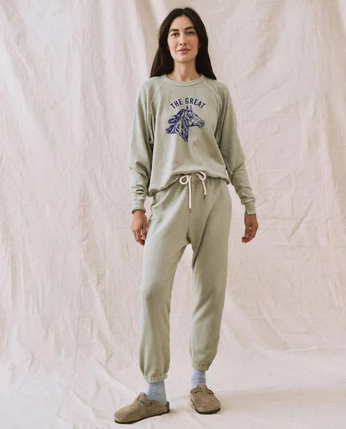 Tops Women039s The Great The College Sweatshirt Seafoam With Navy Bronco Graphic Tops Women039s The Great The College Sweatshirt Seafoam With Navy Bronco Graphic