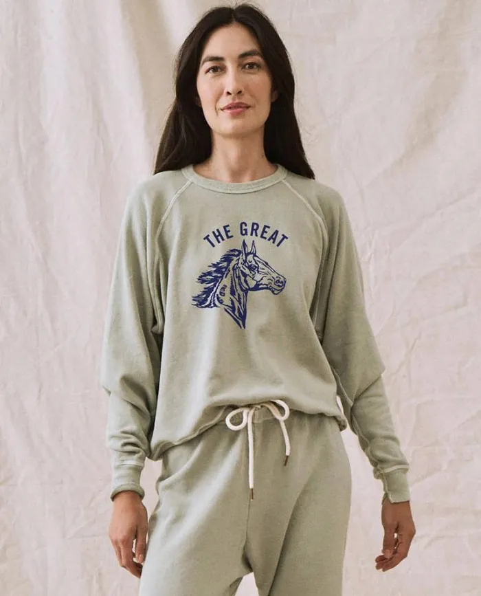 Tops Women039s The Great The College Sweatshirt Seafoam With Navy Bronco Graphic