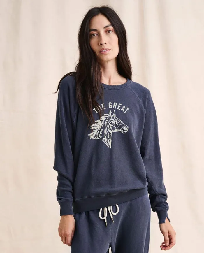 Tops Women039s The Great The College Sweatshirt Washed Navy With Cream Bronco Graphic Tops Women039s The Great The College Sweatshirt Washed Navy With Cream Bronco Graphic
