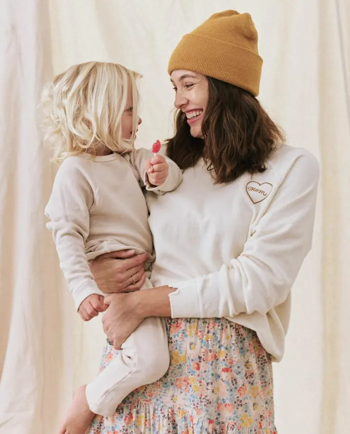 Tops Women039s The Great The Mom Embroidered College Sweatshirt Washed White With Spice Tops Women039s The Great The Mom Embroidered College Sweatshirt Washed White With Spice