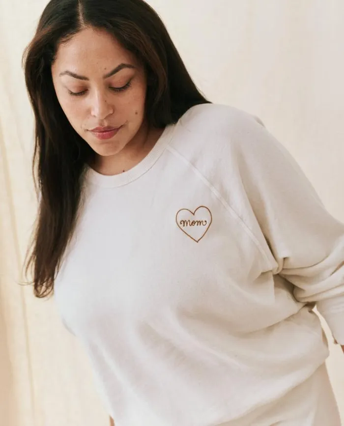 Tops Women039s The Great The Mom Embroidered College Sweatshirt Washed White With Spice