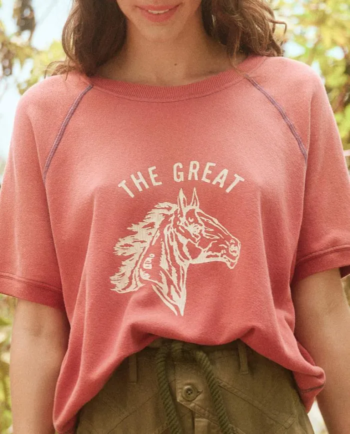 Tops Women039s The Great The Short Sleeve Sweatshirt Double Washed Red With Bronco Graphic