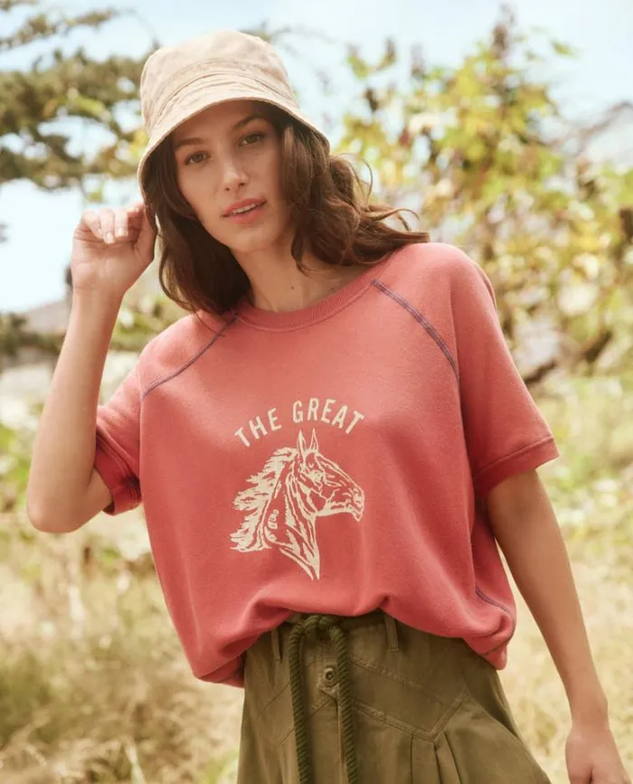 Tops Women039s The Great The Short Sleeve Sweatshirt Double Washed Red With Bronco Graphic