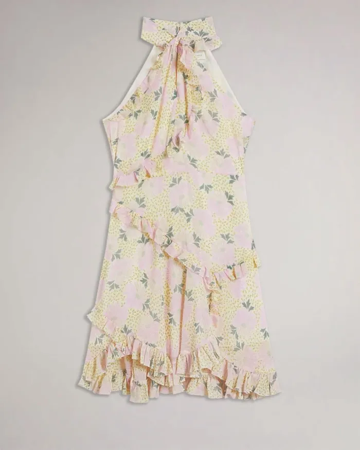 Twist Neck Frill Detail Mini Dress Light Yellow Women Ted Baker Clothing